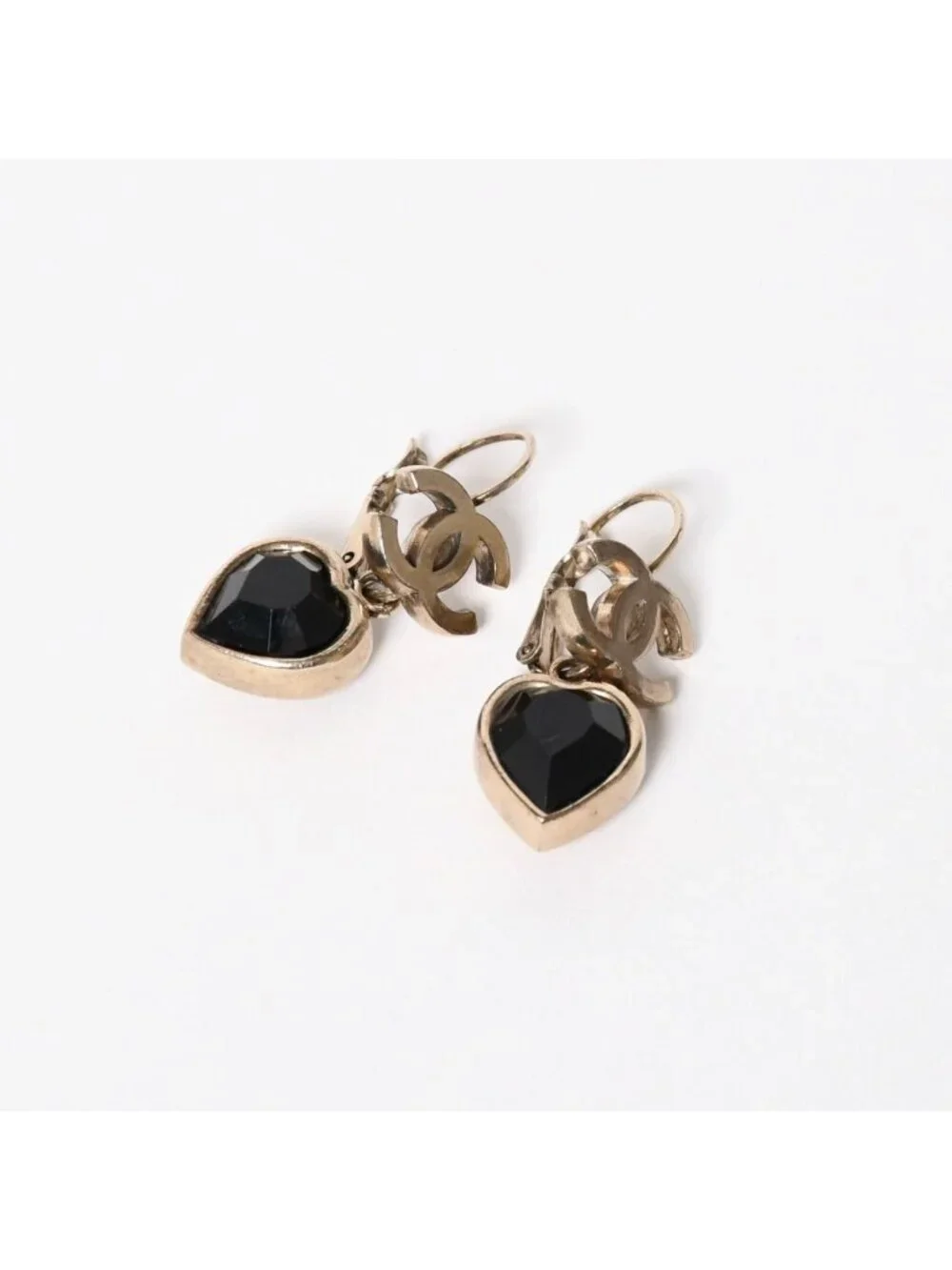 Chanel Earrings CC Logo Heart Black Silver 06